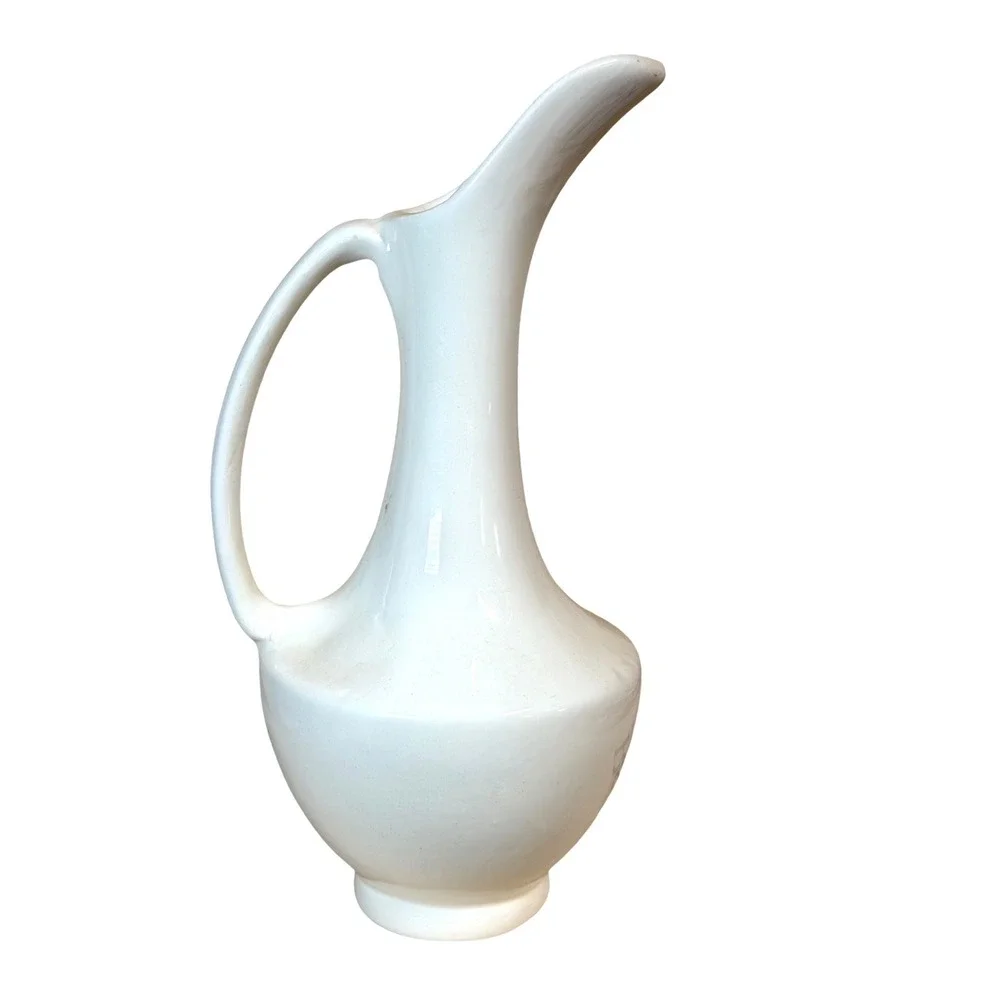 Vintage White Ceramic Pitcher Mid Century Modern Sleek Tall Spout Deco Vase‎
